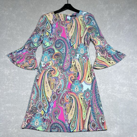 Tommy Hilfiger A Line Dress Size 4 Colorful Paisley Bell Sleeve Boho Dress - Picture 1 of 11